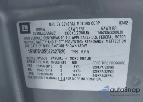 2002 Chevrolet Trailblazer Lt z USA, uszkodzony, nr VIN 1GNDS13S522427526